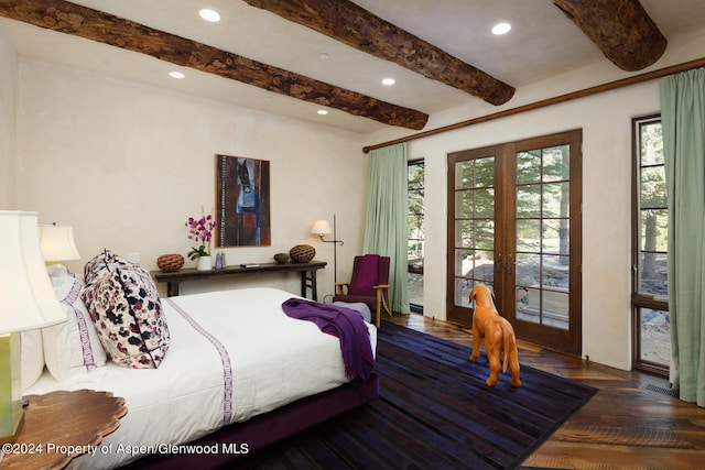 120 Running Mare Rd, Woody Creek, CO 81656 - bedroom with recessed lighting, beamed ceiling, french doors, and parquet flooring