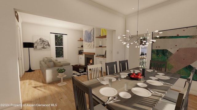 500 W Francis St, Aspen, CO 81611 - dining space featuring a notable chandelier, crown molding, a lit fireplace, and light wood-style flooring