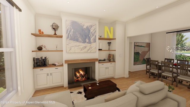 500 W Francis St, Aspen, CO 81611 - living room with light wood-style floors, ornamental molding, and a warm lit fireplace