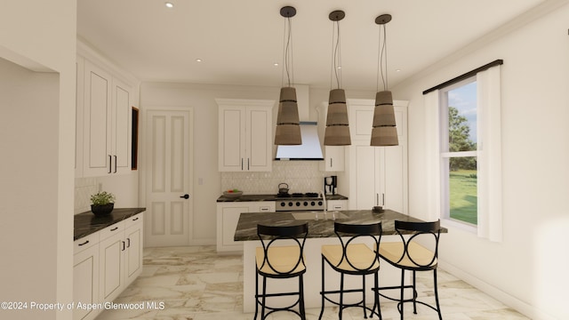 500 W Francis St, Aspen, CO 81611 - kitchen featuring marble finish floor, backsplash, dark countertops, a breakfast bar, and custom range hood