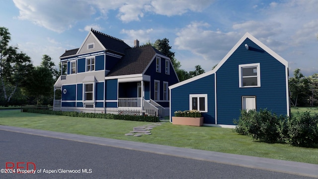 500 W Francis St, Aspen, CO 81611 - view of front facade featuring a chimney, covered porch, and a front yard