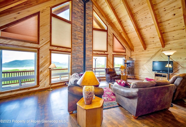 living room featuring beamed ceiling, a mountain view, high vaulted ceiling, and wood ceiling