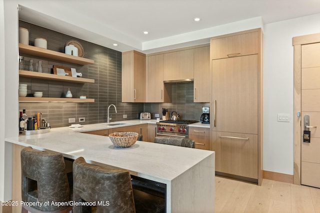 kitchen featuring tasteful backsplash, a kitchen breakfast bar, sink, kitchen peninsula, and light wood-type flooring