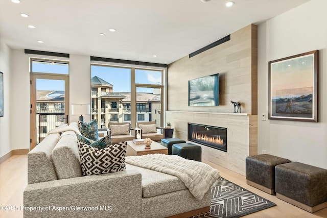 living room featuring light hardwood / wood-style floors and a fireplace