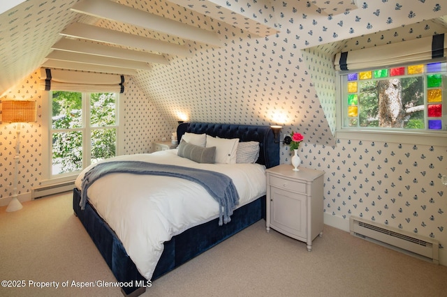 222 W Hopkins Ave Unit 5, Aspen, CO 81611 - bedroom with a baseboard heating unit, light carpet, wallpapered walls, and vaulted ceiling
