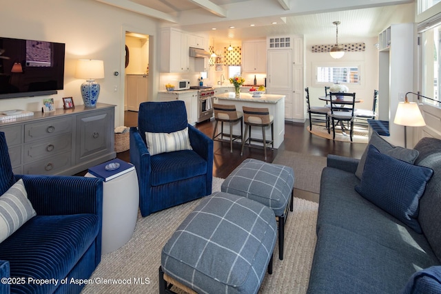 222 W Hopkins Ave Unit 5, Aspen, CO 81611 - living area featuring dark wood finished floors, beamed ceiling, and recessed lighting