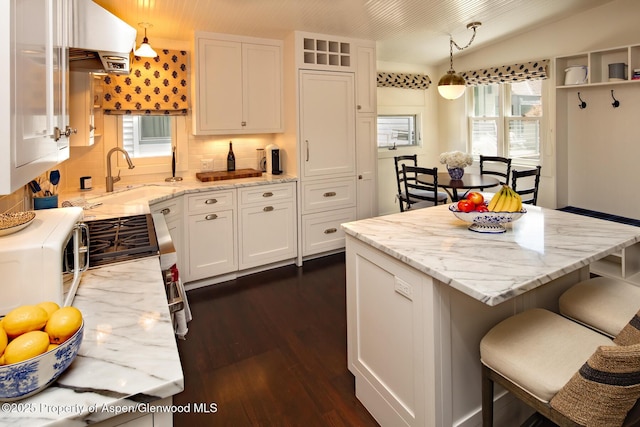 222 W Hopkins Ave Unit 5, Aspen, CO 81611 - kitchen featuring dark wood-style flooring, a kitchen breakfast bar, backsplash, light stone countertops, and a kitchen island