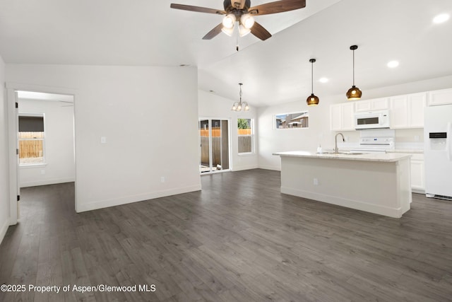 1652 E 17th Cir, Rifle, CO 81650 - unfurnished living room featuring a ceiling fan, vaulted ceiling, a chandelier, recessed lighting, and dark wood-style flooring