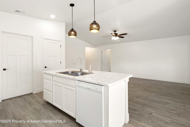 1652 E 17th Cir, Rifle, CO 81650 - kitchen featuring dishwasher, lofted ceiling, open floor plan, light wood finished floors, and a ceiling fan