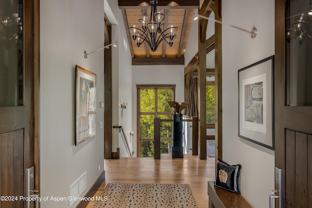 900 Dorais Way, Redstone, CO 81623 - foyer entrance featuring wood finished floors, a chandelier, and high vaulted ceiling