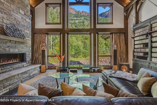 900 Dorais Way, Redstone, CO 81623 - living room with high vaulted ceiling, a stone fireplace, and wood finished floors