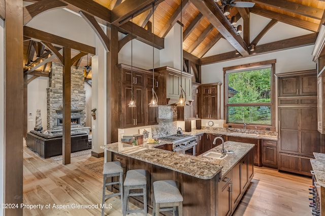 900 Dorais Way, Redstone, CO 81623 - kitchen with double oven range, a sink, light stone countertops, beamed ceiling, and light wood-style flooring