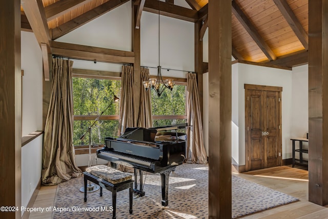 900 Dorais Way, Redstone, CO 81623 - sitting room with wood finished floors, a chandelier, baseboards, high vaulted ceiling, and wood ceiling with exposed beams