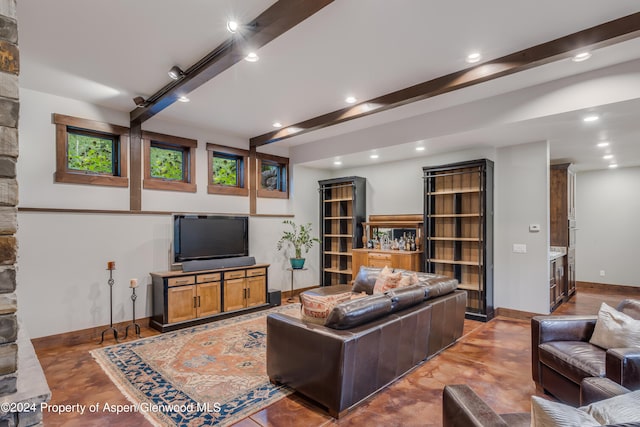 900 Dorais Way, Redstone, CO 81623 - living room featuring concrete floors, recessed lighting, beam ceiling, and baseboards