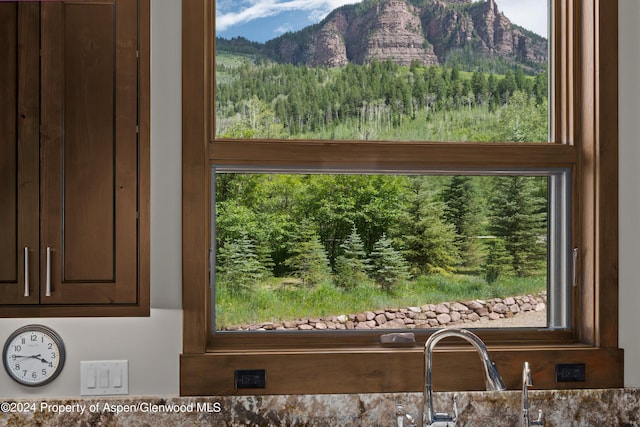 900 Dorais Way, Redstone, CO 81623 - kitchen view of a mountain backdrop, a forest, and dark brown cabinets