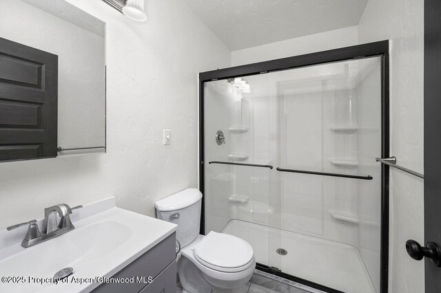 580 Curtis Ave, De Beque, CO 81630 - full bathroom featuring a shower stall, a textured wall, toilet, and vanity