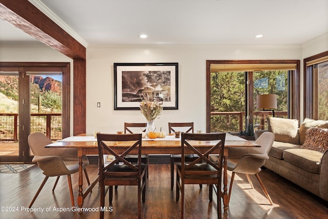 dining room featuring ornamental molding and dark wood-type flooring