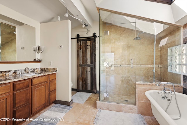 full bathroom featuring separate shower and tub, vanity, and toilet