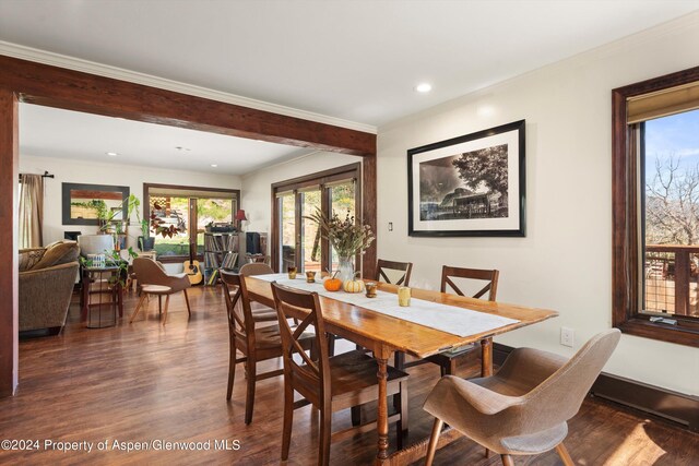 dining space featuring crown molding and dark wood-type flooring