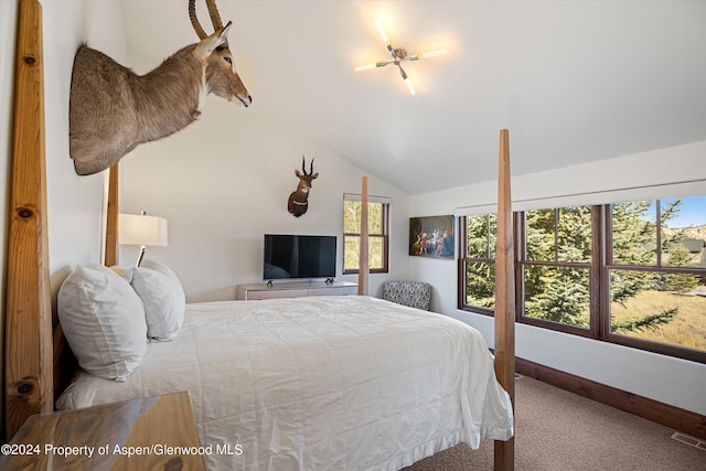 carpeted bedroom featuring lofted ceiling