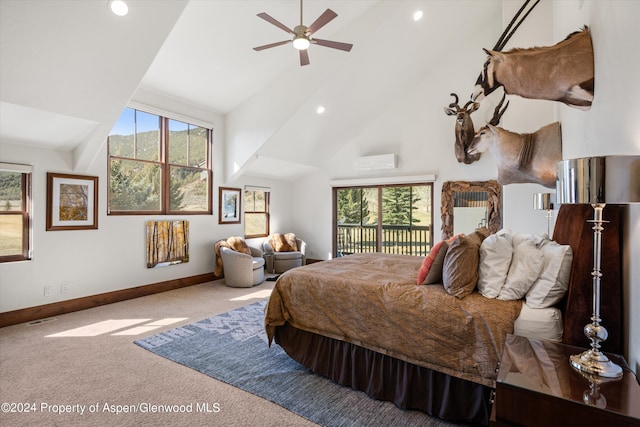 bedroom featuring a wall mounted air conditioner, carpet flooring, multiple windows, and ceiling fan