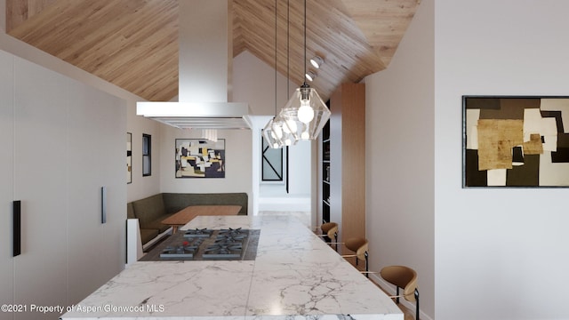 hall with lofted ceiling and wooden ceiling