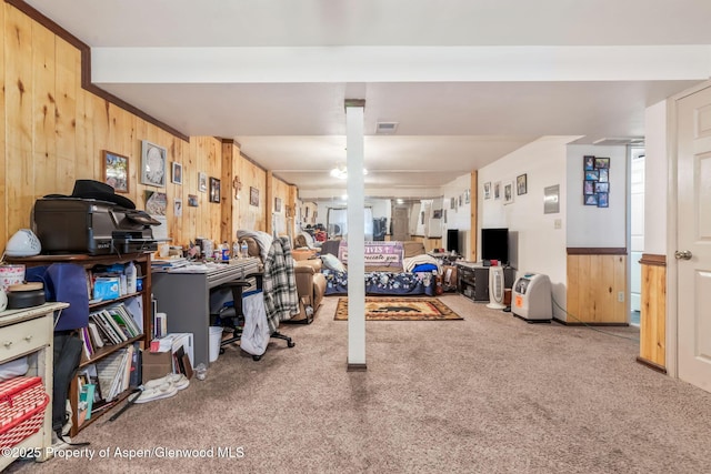 2201/2203 B St, Craig, CO 81625 - carpeted living area featuring wood walls