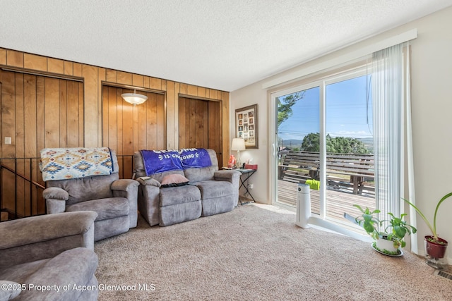 2201/2203 B St, Craig, CO 81625 - carpeted living room with wood walls and a textured ceiling