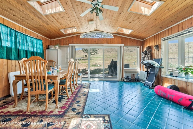 2201/2203 B St, Craig, CO 81625 - dining space featuring a skylight, wooden walls, tile patterned floors, lofted ceiling, and a ceiling fan