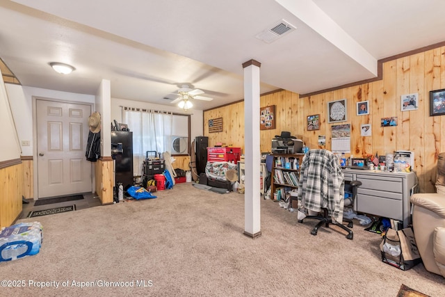 2201/2203 B St, Craig, CO 81625 - office with wood walls, carpet flooring, and a ceiling fan