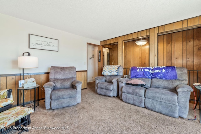 2201/2203 B St, Craig, CO 81625 - carpeted living area featuring wood walls, a textured ceiling, and a wainscoted wall