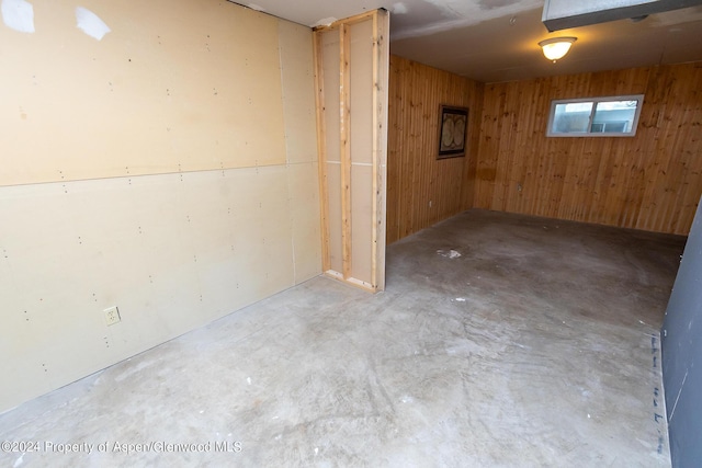 basement featuring wooden walls