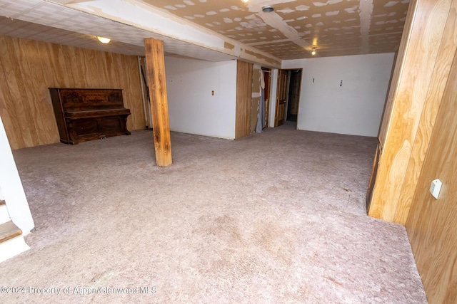 basement with wooden walls and carpet