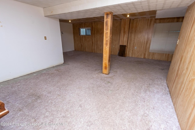 basement with carpet flooring and wood walls