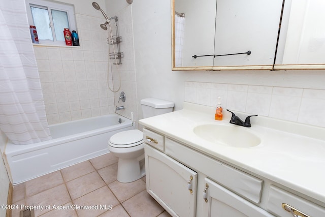 full bathroom featuring decorative backsplash, vanity, shower / bathtub combination with curtain, tile patterned flooring, and toilet