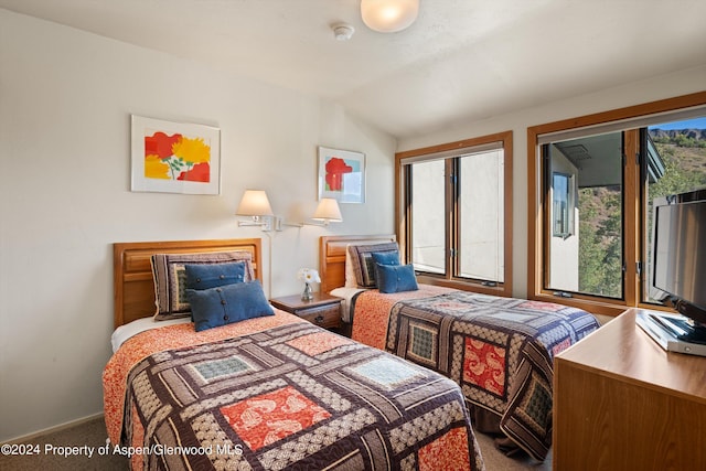 carpeted bedroom featuring multiple windows and lofted ceiling