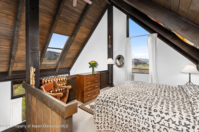 162 Bennett Bench Rd, Aspen, CO 81611 - bedroom with wooden ceiling, a skylight, carpet floors, and multiple windows