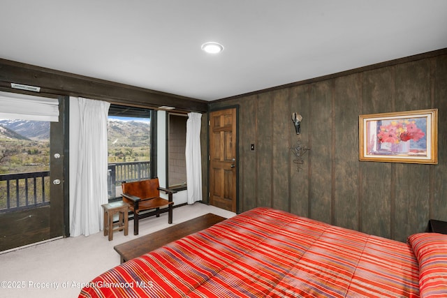162 Bennett Bench Rd, Aspen, CO 81611 - bedroom featuring access to exterior, wooden walls, and carpet