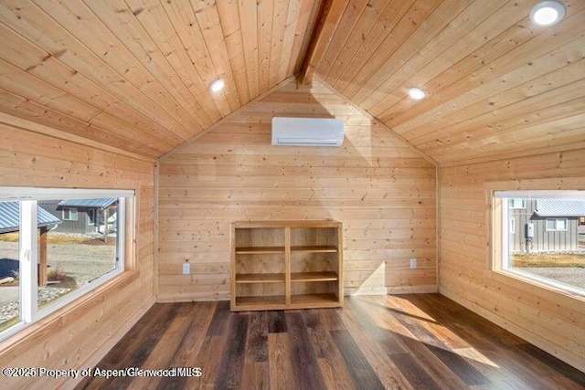 additional living space with wood-type flooring, an AC wall unit, vaulted ceiling with beams, and wooden ceiling