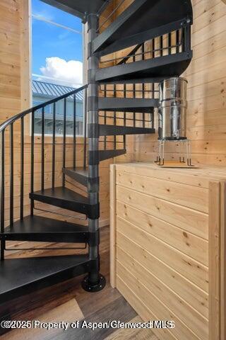 stairway featuring wood-type flooring and wooden walls