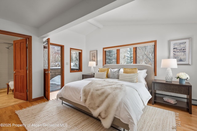 bedroom featuring lofted ceiling with beams, baseboard heating, light hardwood / wood-style flooring, and access to outside