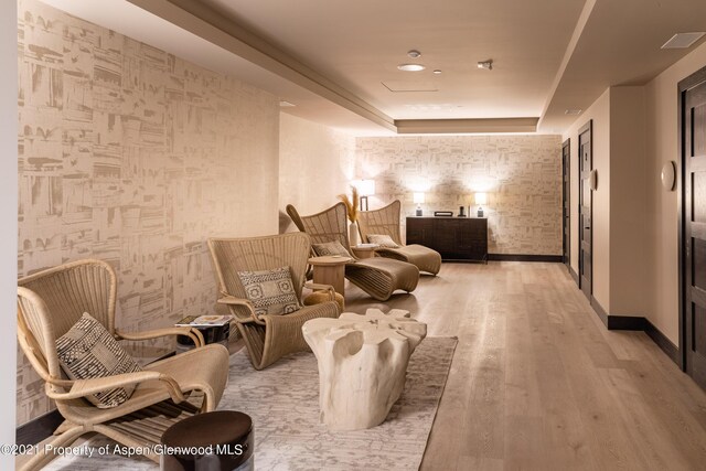 interior space featuring light wood-type flooring and a raised ceiling