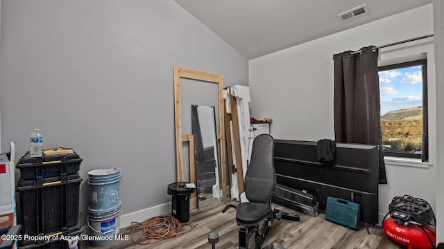 450 E 10th St, Rifle, CO 81650 - miscellaneous room with baseboards, visible vents, wood finished floors, and lofted ceiling