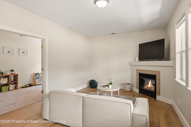 2701 Midland Ave Unit 725, Glenwood Springs, CO 81601 - living area featuring wood finished floors and a tiled fireplace