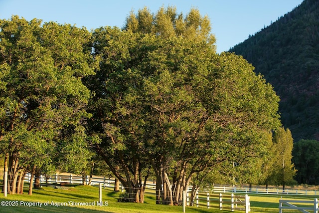 surrounding community featuring a rural view, a mountain view, and a lawn