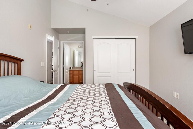 599 River View Dr Unit 1107, New Castle, CO 81647 - bedroom featuring vaulted ceiling, connected bathroom, and a closet
