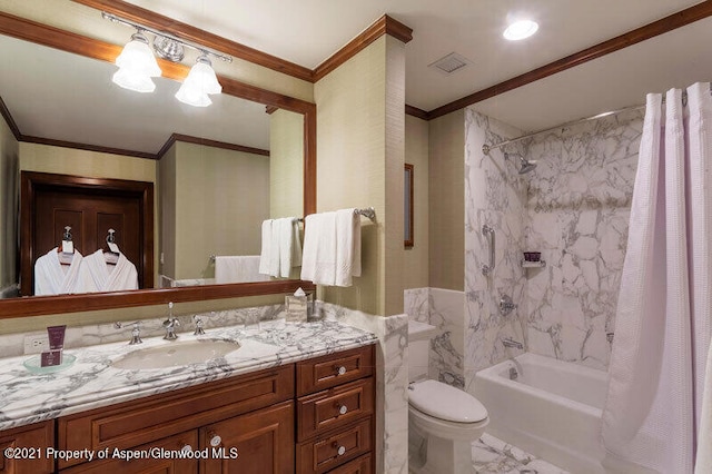 full bathroom featuring shower / bath combo, ornamental molding, vanity, tile walls, and toilet