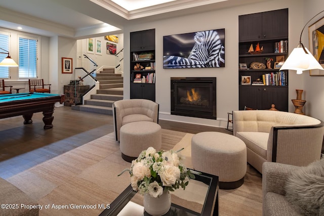 205 N 6th St, Aspen, CO 81611 - playroom with wood finished floors, ornamental molding, a glass covered fireplace, billiards, and recessed lighting