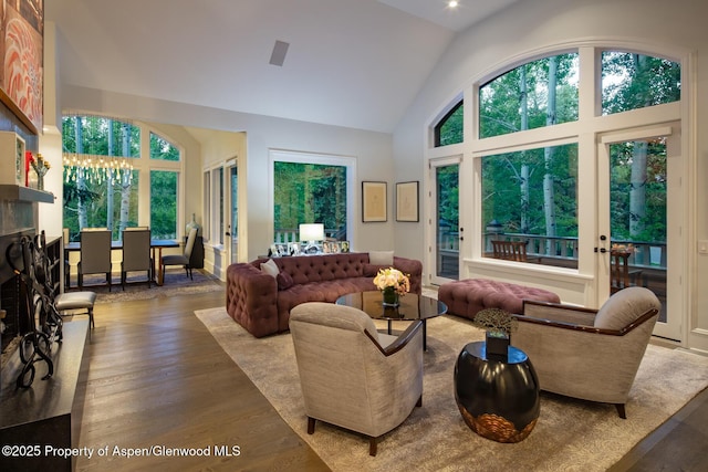 205 N 6th St, Aspen, CO 81611 - living area with wood finished floors, healthy amount of natural light, and high vaulted ceiling