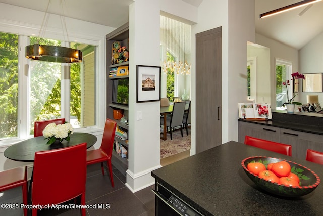 205 N 6th St, Aspen, CO 81611 - dining space featuring vaulted ceiling and dark tile patterned floors